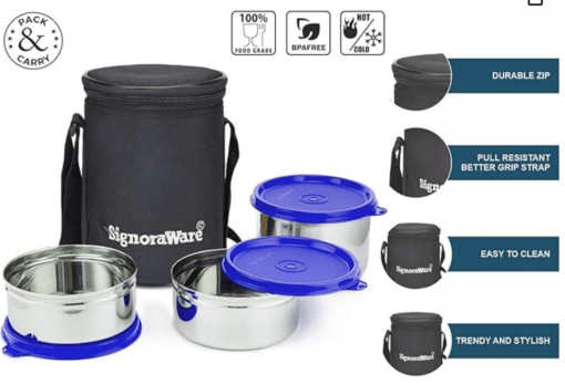 Signoraware Executive Stainless Steel Lunch Box Set 3 with bag | Stainless-Steel Leak-Proof Containers | Full Meal Boxes (Container Size 350mlx2 | 500mlx1) - Image 2